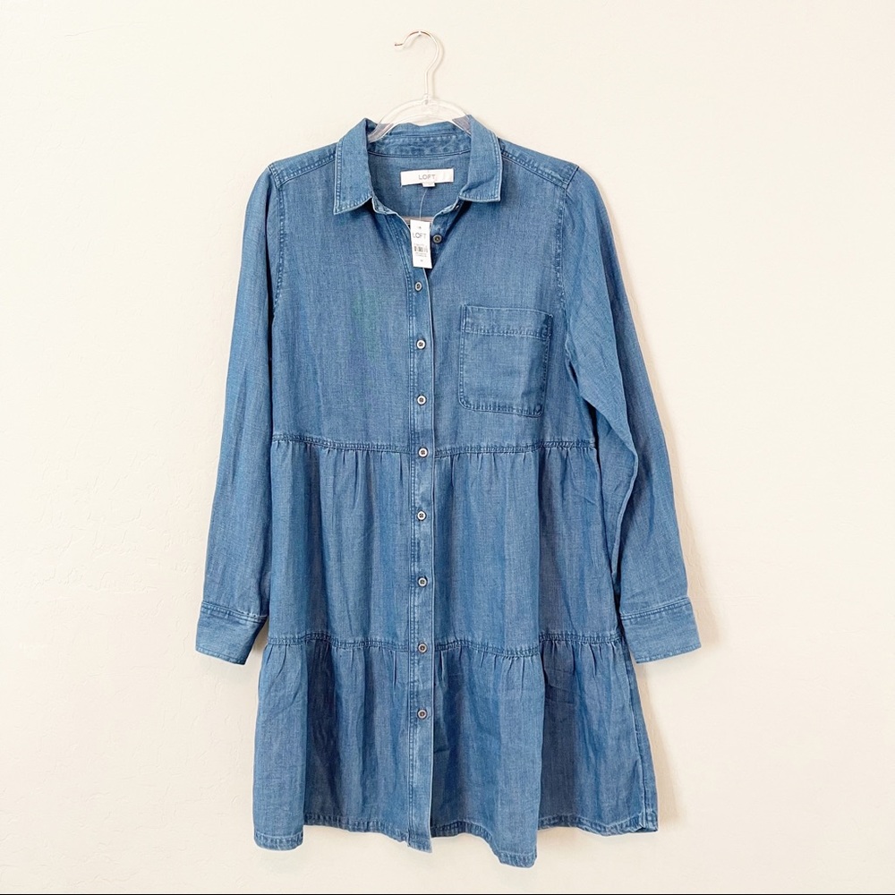 LOFT Women's Chambray Shirt Dress Button Down L/S Ruffle Med worn once